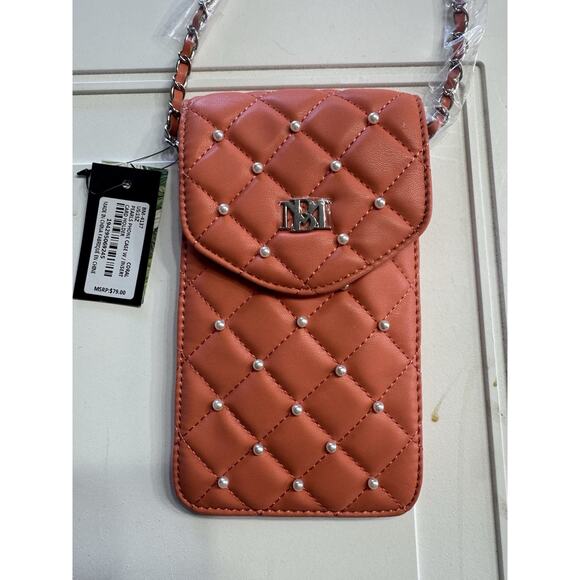 Badgley Mischka Handbags - Badgley Mischka Orange Quilted Vegan Leather Pearls Crossbody Phone Case NWT $79